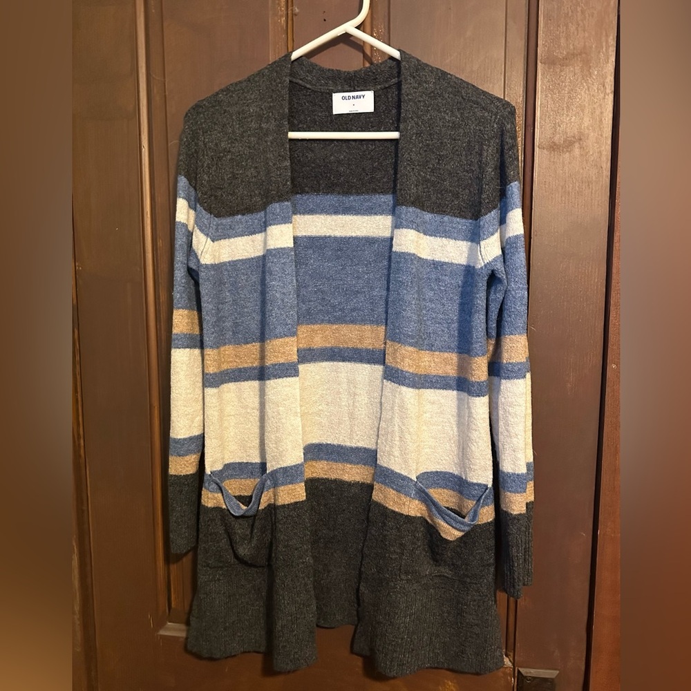 Old Navy Open-Front Striped Cardigan in Blue, Gray & Cream